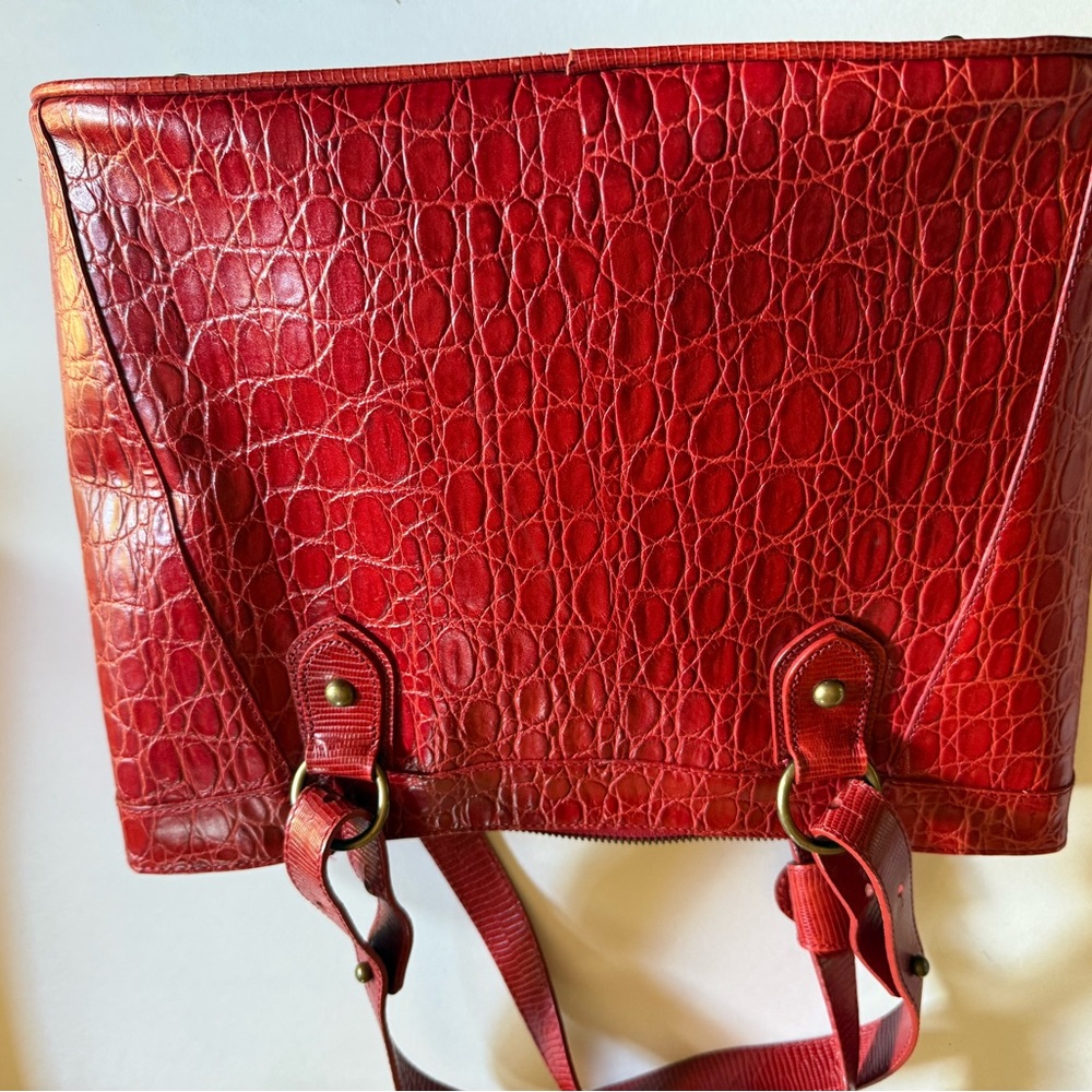 Vtg Brahmin Red Leather Tote Bag Prissy Collection Croc-Embossed Purse - Picture 14 of 15